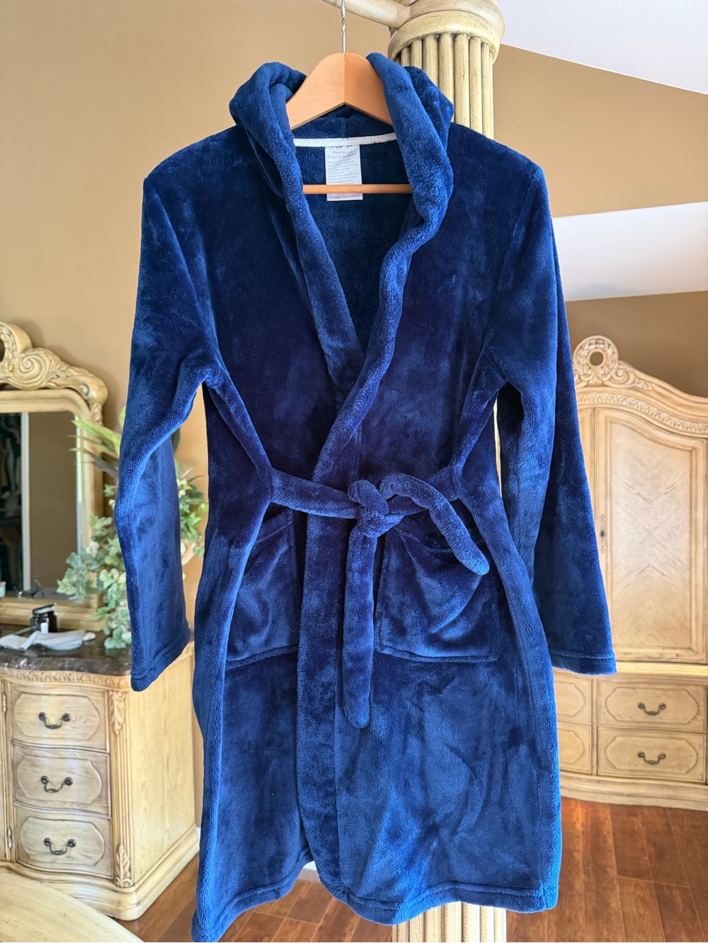 Plush Hooded Robe Coat - Navy Blue Sz 13-14 yo